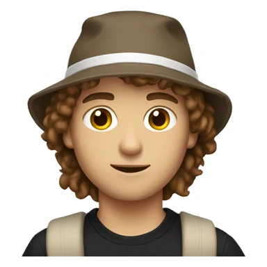 a white boy with brown hair and a beach Bucket Hat with a black sweater sticker