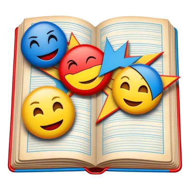 Create a vibrant emoji representing comic books and graphic novels as an art form. The design should feature a large, open comic book with vintage comic panels on the pages. Include a pencil (without a hand) gently writing text or sketching on the pages. The comic panels should have bold lines and retro-style artwork with classic comic book visuals. Use bright, energetic colors like red, yellow, and blue to evoke excitement and creativity. The overall design should feel dynamic, vintage, and artistic. Make the background transparent. sticker