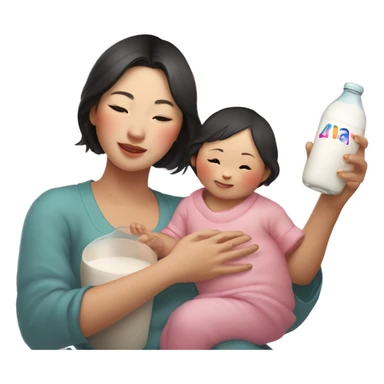 An Asian woman with white skin holds an Asian baby and a small Asian child in her arms, in her other hand a small bottle of milk, above this woman the word "ANA" in a semicircle like a rainbow, but pink sticker
