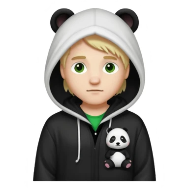 A white man with green eyes, medium-length blond hair, wearing a panda hoodie and black pajama-like robes. sticker