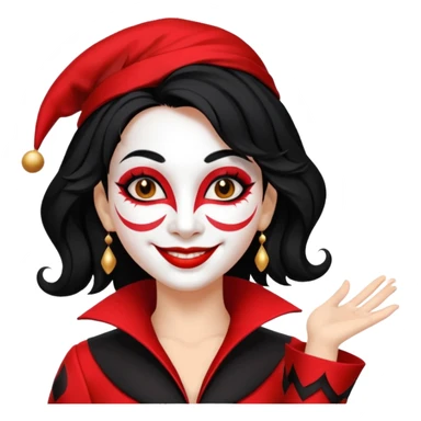 Jester woman, black and red suit, black hair, white and black make up sticker