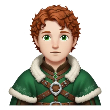 Medieval winter outfit worn by a DnD themed fantasy male character. Rich brown leather-trimmed wool tunic with sheepskin lining, featuring intricate metal buckles at the collar, paired with a heavy braided belt. Clothes only above the waist, full waist coverage. The character has no arms. Character is white-skinned with auburn hair, emerald green eyes, and short curly hair beneath a light dusting of snow. sticker