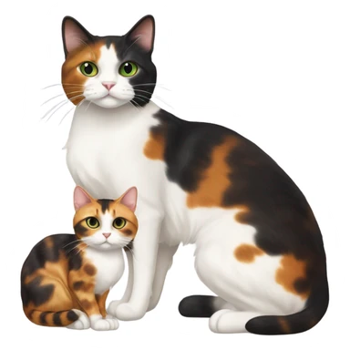 caliby-and-white cat with white paws and green eyes, next to a skinny dark tortoiseshell cat with orange eyes and a cream colored marking above its mouth sticker