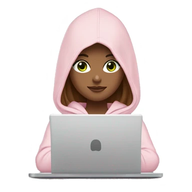 a girl with brown long hair, light beige skin, green eyes, is working relaxed at a modern laptop in a monochrome pale pink zip hoodie with a hood and a pink monochrome T-shirt sticker