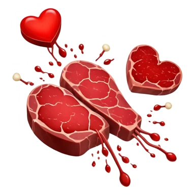 Ethereal red steaks, liver, and dark meat cuts floating alongside a glowing bone marrow. They transform into bright red blood cells that flow toward a heart at the center. The heart pulses with energy that radiates throughout a silhouette of a body, illustrating how heme iron creates vitality. sticker
