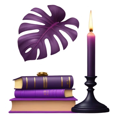 An elegant still life featuring a stack of light and dark violet books, a pink monstera plant, and a brass candle holder. sticker
