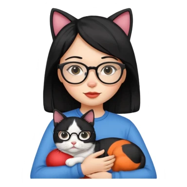 A girl with black hair and glasses is holding a tricolor cat. sticker