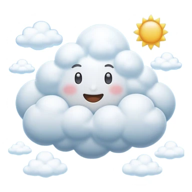 Cinematic Realistic Cumulus Emoji, Big and puffy, with cotton-like clouds floating in the clear blue sky. The rounded tops of the clouds glow with the light of the sun, while their soft, white texture adds a sense of calm and spaciousness. Soft glowing outline, capturing the essence of warmth, comfort, and peaceful skies in a perfect cumulus cloud! sticker