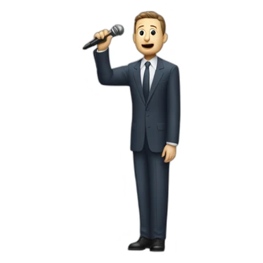 tim robinson in suit singing into microphone stand holding stand (full body, ios17, somber) sticker