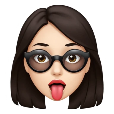 woman with dark brown hair wearing black band over eyes with tongue out sticker
