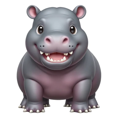 cinematic-hippo-realistic-full-body-side-view-standing-on-all-fours-emoji,-massive-round-frame,-wide-mouthed-grin-exposing-huge-teeth,-head-tilted-dramatically,-thick-grey-hide-glossy, big cute eyes sticker