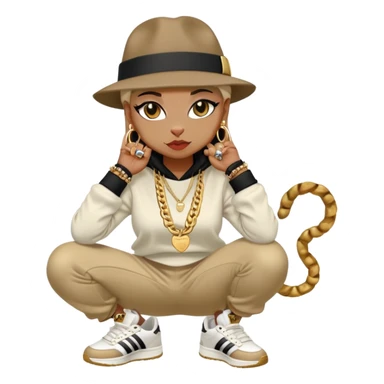 female cat wearing Run DMC hip-hop outfit with tracksuit, fedora, Adidas sneakers, many gold chains, rings, bracelets, flashy earrings, whispering to a friend, no sunglasses sticker