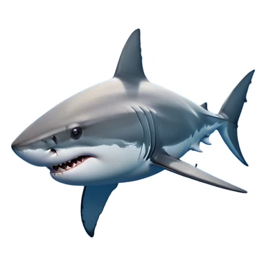 Cinematic Noble Great White Shark Portrait Emoji, Poised and regal, with a robust, torpedo-shaped body, a pointed snout, a gleaming white underbelly contrasting with a slate gray dorsal surface, and piercing, intense eyes scanning deep blue waters, Simplified yet sharp and sophisticated features, highly detailed, glowing with a cool, oceanic luminescence, high shine, intelligent and commanding, stylized with an air of marine authority, focused and vigilant, soft glowing outline, capturing the essence of a watchful and confident predator that appears ready to surge out of the screen with effortless power! sticker
