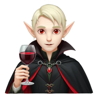 male elf vampire emoji, pale skin, red glowing eyes, long pointed ears, black high-collared cloak with red lining, holding a wine glass filled with red liquid, elegant Halloween fantasy look, smooth Apple emoji style, clean white background, square image sticker
