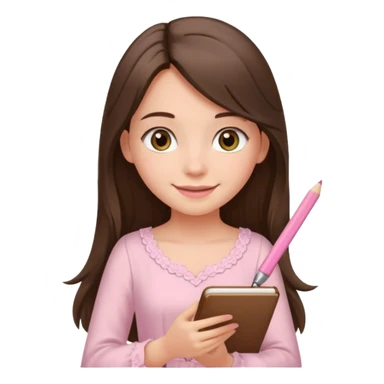 pretty smiling long brunette hair girl with hazel eyes wearing light pink dress writing sticker