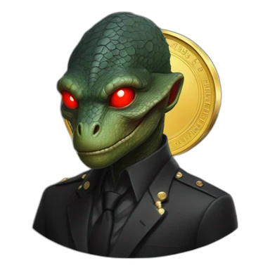 Reptilian in black suite with red laser eyes on a golden coin sticker