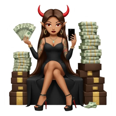 Sensual queen long brown straight haired mafia woman with black shiny platform high heels on her feet,  and black devil horns on her head, tattoos on arms , holding a stack of cash, has a phone in other hand. Sitting on a large big new model F350 pickup truck  long black dress with  slit sticker
