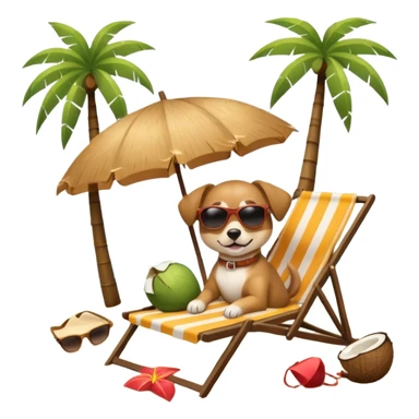a dog laied on a beach chair, a sunny beach, a sun umbrella, and beach coconut trees. the icon should capture the essence of a relaxing beach vacation with a carefree atmosphere sticker