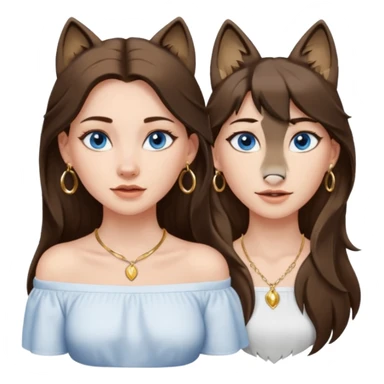 A pretty white girl with brunette hair blue eyes  thin gold hoop earrings and a matching gold necklace in a white shirt that cuts off the shoulders her hair is long and she has a wolf cut sticker