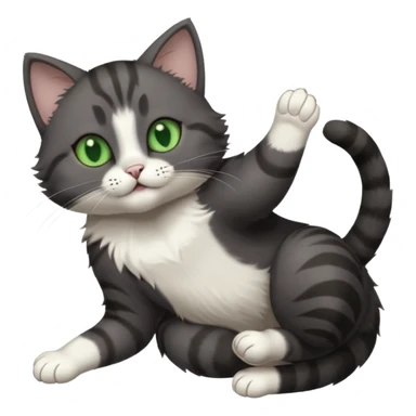 dark grey cat with green eyes, white toes/paws and white patch on her chest playfully rolling upside down sticker