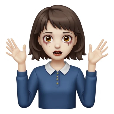 Cabelo ondulado  um pouco cheio e franja curta  Olhos marrons e pequenos e feita d ezumbi mais bonita com cabelo amarro na e com as mãos assim tipo assim🧟‍♀️ sticker