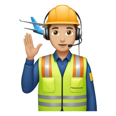 ramp agent at airport wearing reflective vest and headphones, directing aircraft sticker