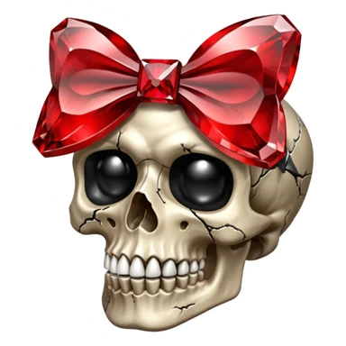 make me a red crystal skull partly see thew super gem like make it realistic and held together by a big black bow super realistic skull cracking all over the eyes are black gems with a hint of gold in the center sticker