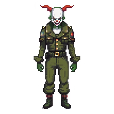 evil clown soldier, bald, small black satan horns on forehead, fangs, pointed ears, black and military green clothes with bellbottom pants, realistically proportioned, less bulky, full body, fighting stance sticker