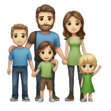 Mom with brown hair and green eyes holding a baby with brown hair and blue eyes next to tall dad with brown hair and green eyes holding hands with a young girl with blonde hair and blue eyes next to a young boy with brown hair and brown eyes  sticker