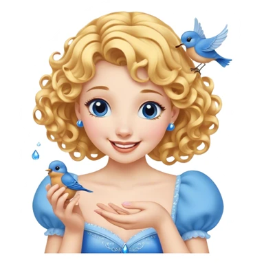 Cinematic Adorable Cinderella Portrait Emoji, Giggling softly while holding a tiny bluebird, golden curls bouncing, eyes sparkling with joy, wrapped in a soft golden glow, exuding warmth and charm, an irresistible blend of beauty and playfulness! sticker