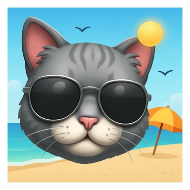 Add a sunny beach background behind the cat wearing sunglasses, in the style of apple emojis. sticker
