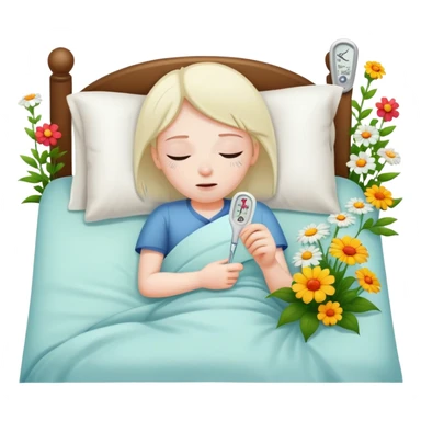 sick person in bed with thermometer and flowers sticker