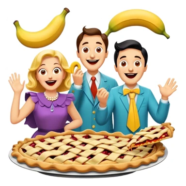 A vintage movie poster-style design featuring slapstick humor elements—funny characters in exaggerated poses, oversized props, and bright colors. Include elements like pies in faces, a falling banana peel, and cheerful expressions. Retro cinematic style. Transparent background. sticker