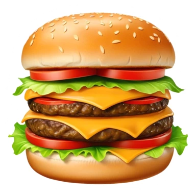 Cinematic juicy cheeseburger, perfectly grilled patty, melted cheese, crisp lettuce, tomatoes, and pickles, soft sesame seed bun, glossy and rich, warm glowing background, ultra-detailed and appetizing. sticker