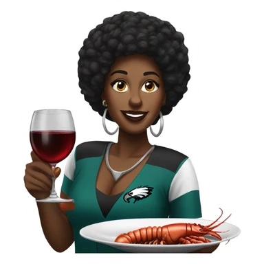 Black woman eating steak and lobster and wine wearing an eagles jersey sticker