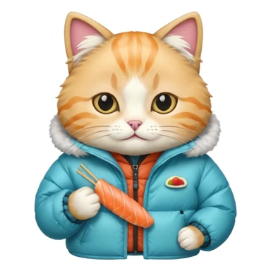 cat wearing a puffy jacket and eating sushi sticker