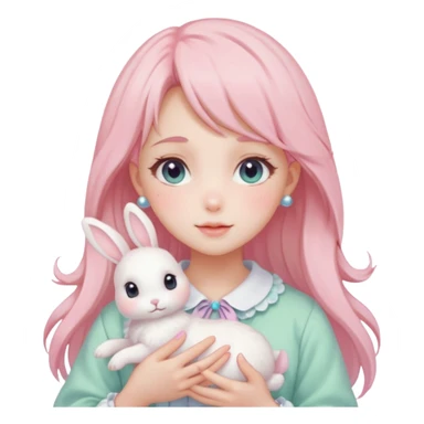 Gorgeous pastel anime style lady with blushing face and holding a bunny cottagecore fairycore pastelcore colorful pearly romantic simplistic aesthetic trending style sticker