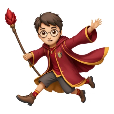 Cartoon-style illustration of Harry Potter flying on a broomstick, Gryffindor red and gold outfit, expressive face, dynamic motion, magical vibe, smooth shading, vibrant colors, no background, transparent background, isolated character. sticker
