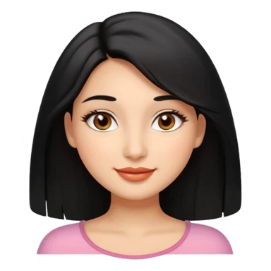 Feminine woman Softly rounded, healthy face — slightly curvy and feminine, not overweight.
Warm tan skin, brown eyes with long lashes, full glossy lips, gentle smile.
Shoulder-length black hair framing the face.
Clean, polished emoji look, soft shading, neutral background. sticker