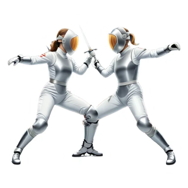 Two fencers in full protective gear and masks duel on a professional piste, swords clashing mid-air. Dynamic lunges and defensive stances highlight the intensity of the sport. The background features a stylized fencing arena with bright lights. Transparent background sticker