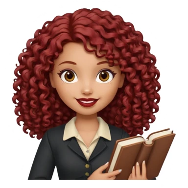 generate a pretty bratz girl curly dark red hair, brown lipstick on, smiling. Book in hand sticker