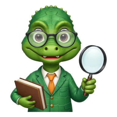 A green academic cartoon gator with a magnifying glass on a light background sticker