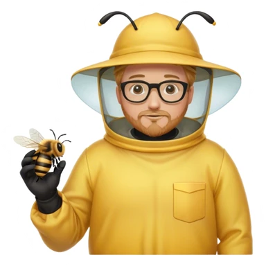 full body medium plus size male bee keeper in yellow and black with short light strawberry blonde hair and goatee wearing glasses with bee keeper hat sticker