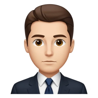 Caucasian man with slicked back brown hair, black suit, navy tie, elegant look standing  sticker