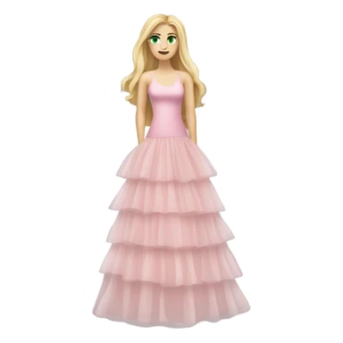 Realistic White woman with Long blonde straight hair and green eyes, full body wearing Long soft pink tiered tulle dress, isolated sticker