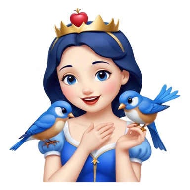 Cinematic Adorable Snow White Portrait Emoji, Giggling as a bluebird perches on her finger, cheeks rosy with joy, bright expressive eyes full of wonder, her innocence and beauty blending into a heartwarming moment! sticker