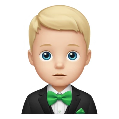 baby boy blue eyes, in suit, with green bow sticker