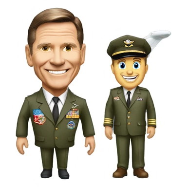 Kenneth Copeland in aviator clothes in front of a jet sticker