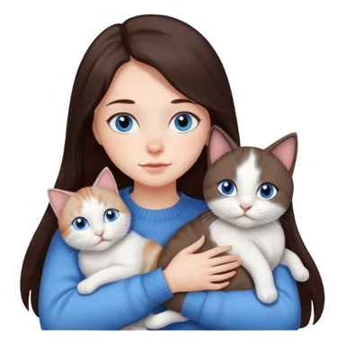 a girl with long dark 
brown hair, with blue eyes, in a
white sweater, hugs 3 different natural coloured cats sticker