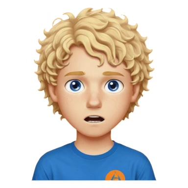 teenage boy with curly blond hair and blue eyes with freckles wearing an orange “Camp Halfblood” tshirt with the official percy jackson camp halfblood logo on it have hime doing a shocked face sticker